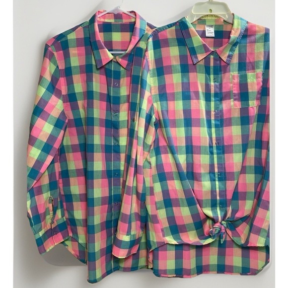 Weissman Tops - 2 Glo-in-the-dark Women XL Long Sleeve Pink Plaid Top Button Shirts Bingo Matchi